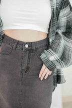 Raven Denim Midi Skirt with Slit in Black