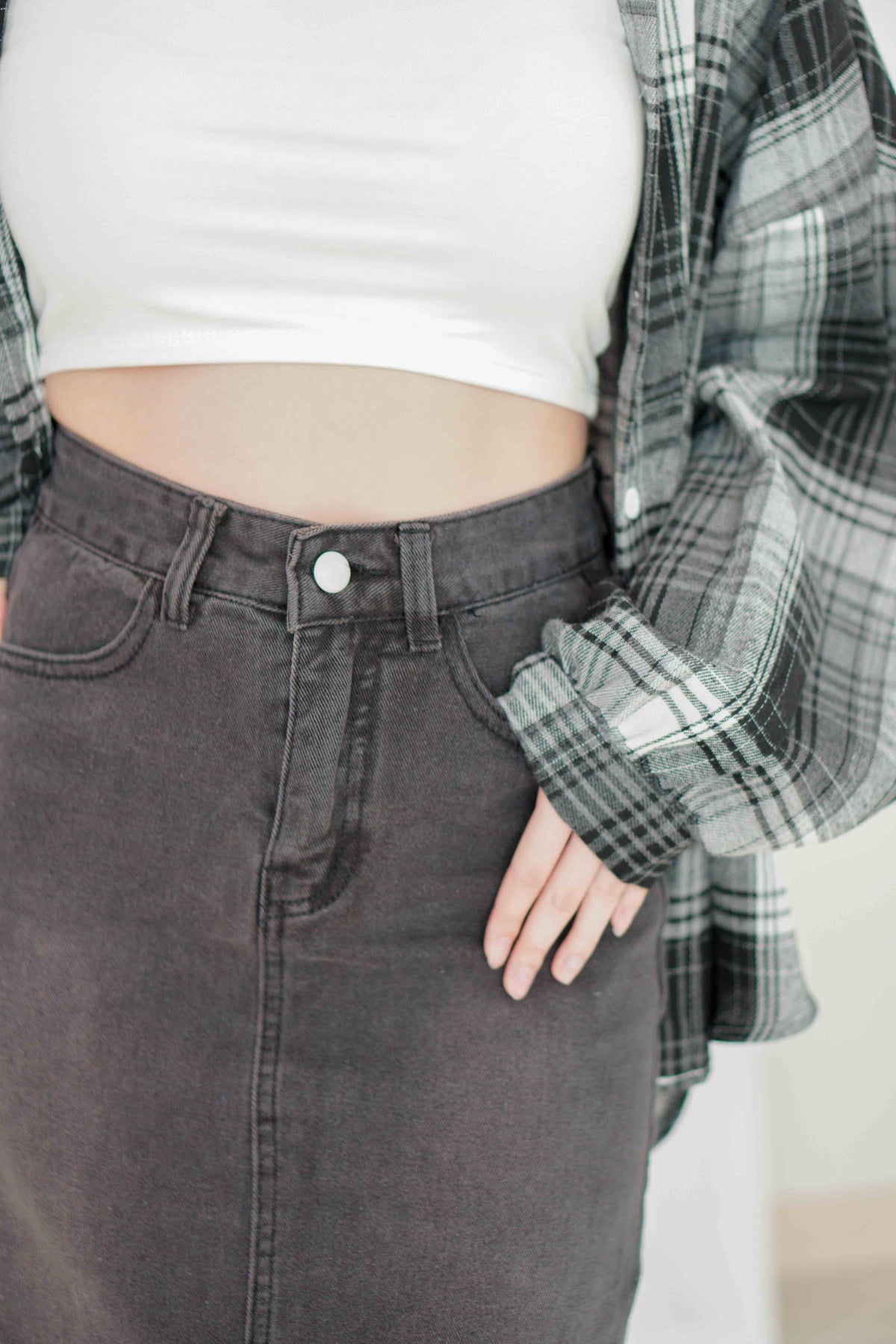 Raven Denim Midi Skirt with Slit in Black