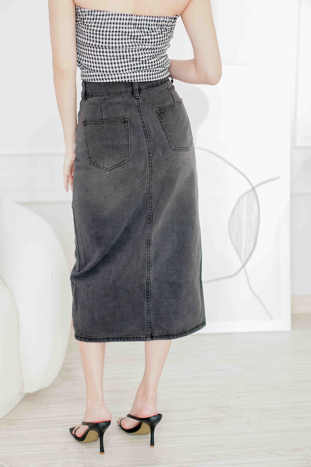 Raven Denim Midi Skirt with Slit in Black