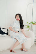 Jia Ying Mini Pearl Long Floral Lace Cheongsam in Blue
