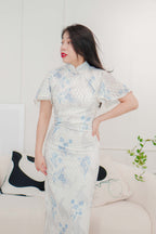 Jia Ying Mini Pearl Long Floral Lace Cheongsam in Blue