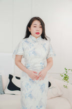 Jia Ying Mini Pearl Long Floral Lace Cheongsam in Blue