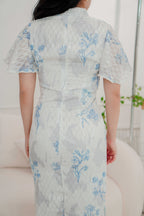 Jia Ying Mini Pearl Long Floral Lace Cheongsam in Blue