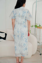 Jia Ying Mini Pearl Long Floral Lace Cheongsam in Blue
