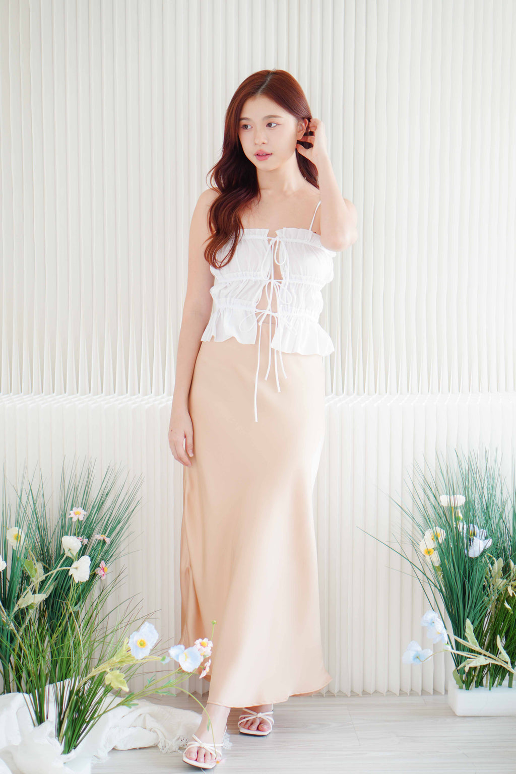 Darl Ruched Self Tied Camisole Top in White