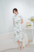 Bamboo Long Printed Cheongsam in Green and Cream