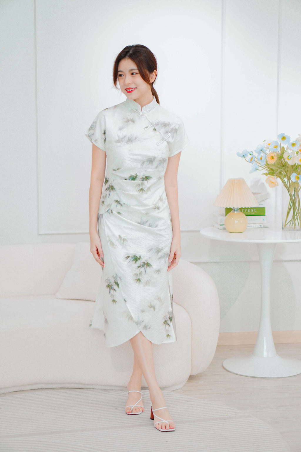 Bamboo Long Printed Cheongsam in Green and Cream