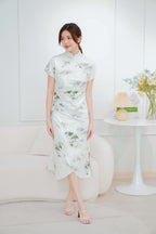 Bamboo Long Printed Cheongsam in Green and Cream