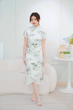 Bamboo Long Printed Cheongsam in Green and Cream