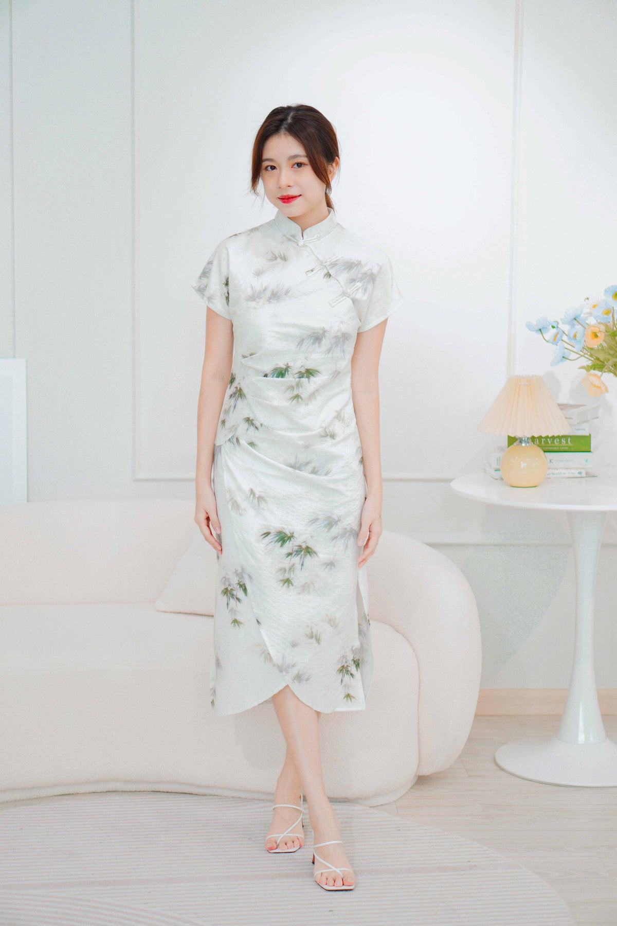 Bamboo Long Printed Cheongsam in Green and Cream