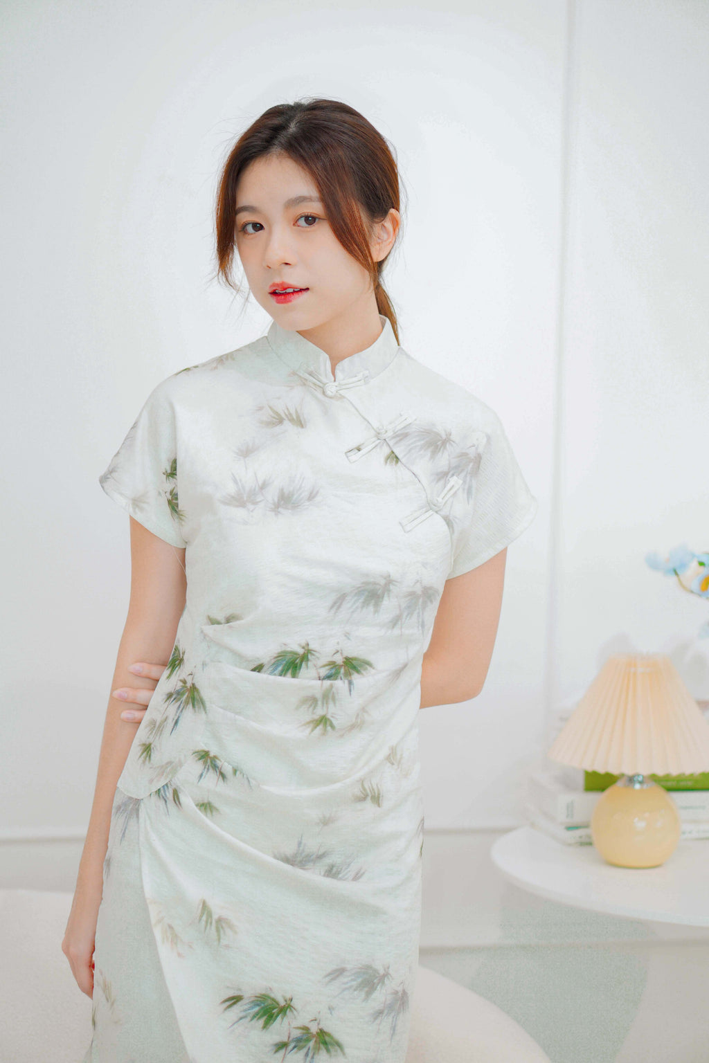 Bamboo Long Printed Cheongsam in Green and Cream