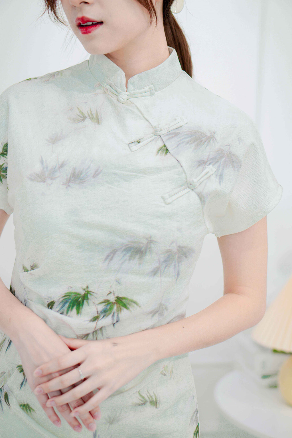 Bamboo Long Printed Cheongsam in Green and Cream