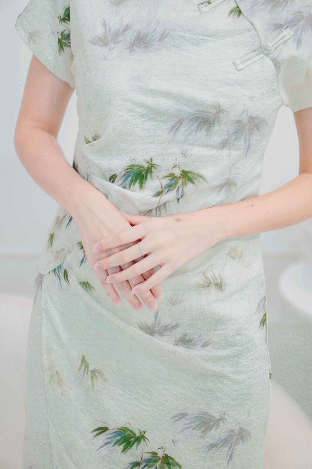 Bamboo Long Printed Cheongsam in Green and Cream