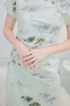 Bamboo Long Printed Cheongsam in Green and Cream