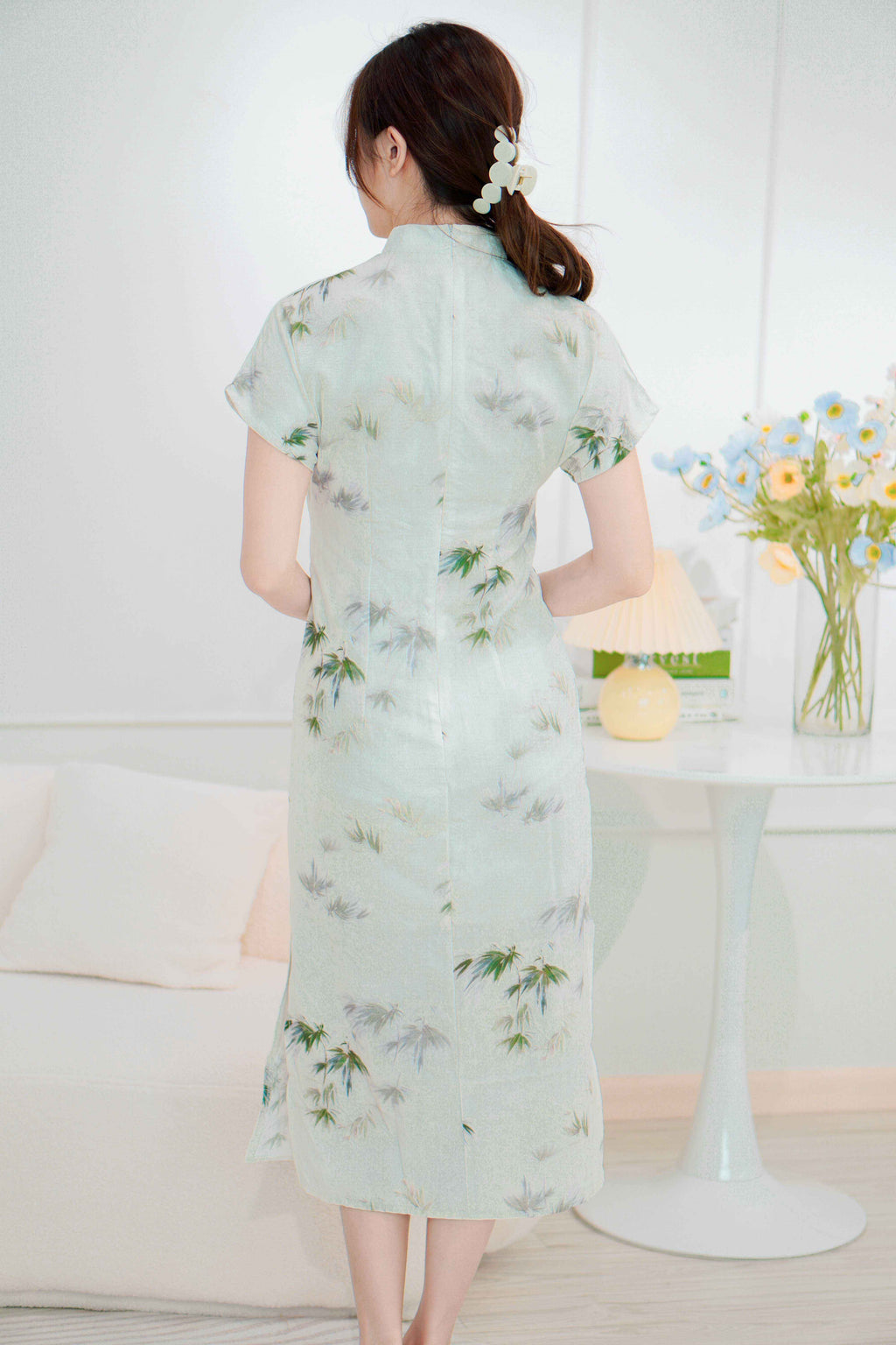 Bamboo Long Printed Cheongsam in Green and Cream