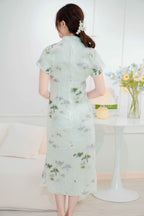 Bamboo Long Printed Cheongsam in Green and Cream