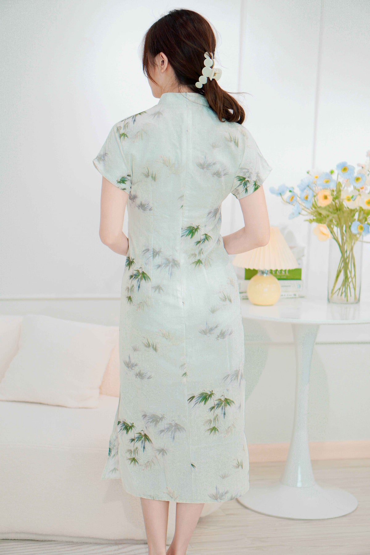 Bamboo Long Printed Cheongsam in Green and Cream