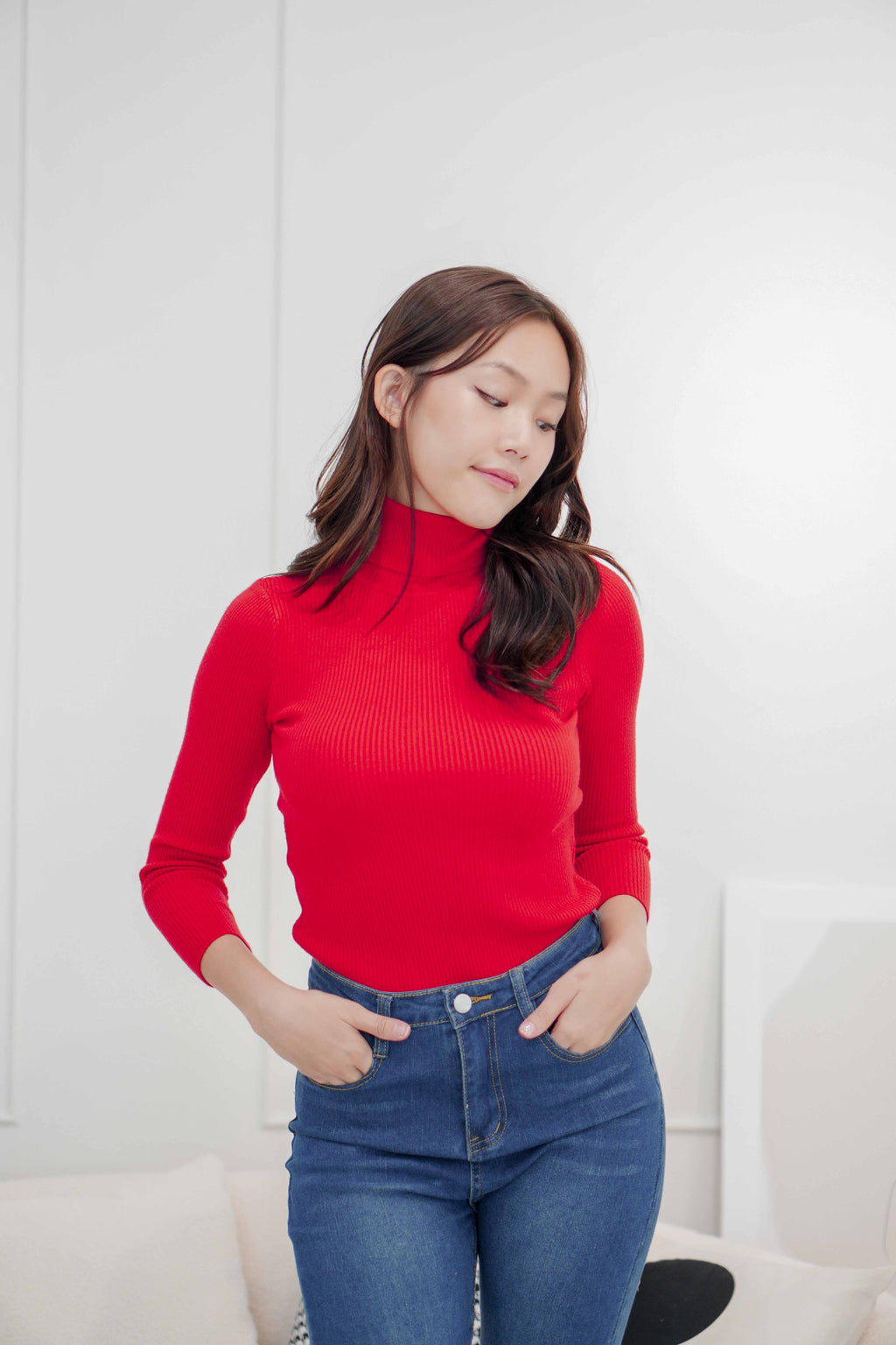 Claus Turtle Neck Long Sleeve Top in Red