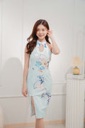 Solstice Blue Short Sleeveless Floral Cheongsam in Blue