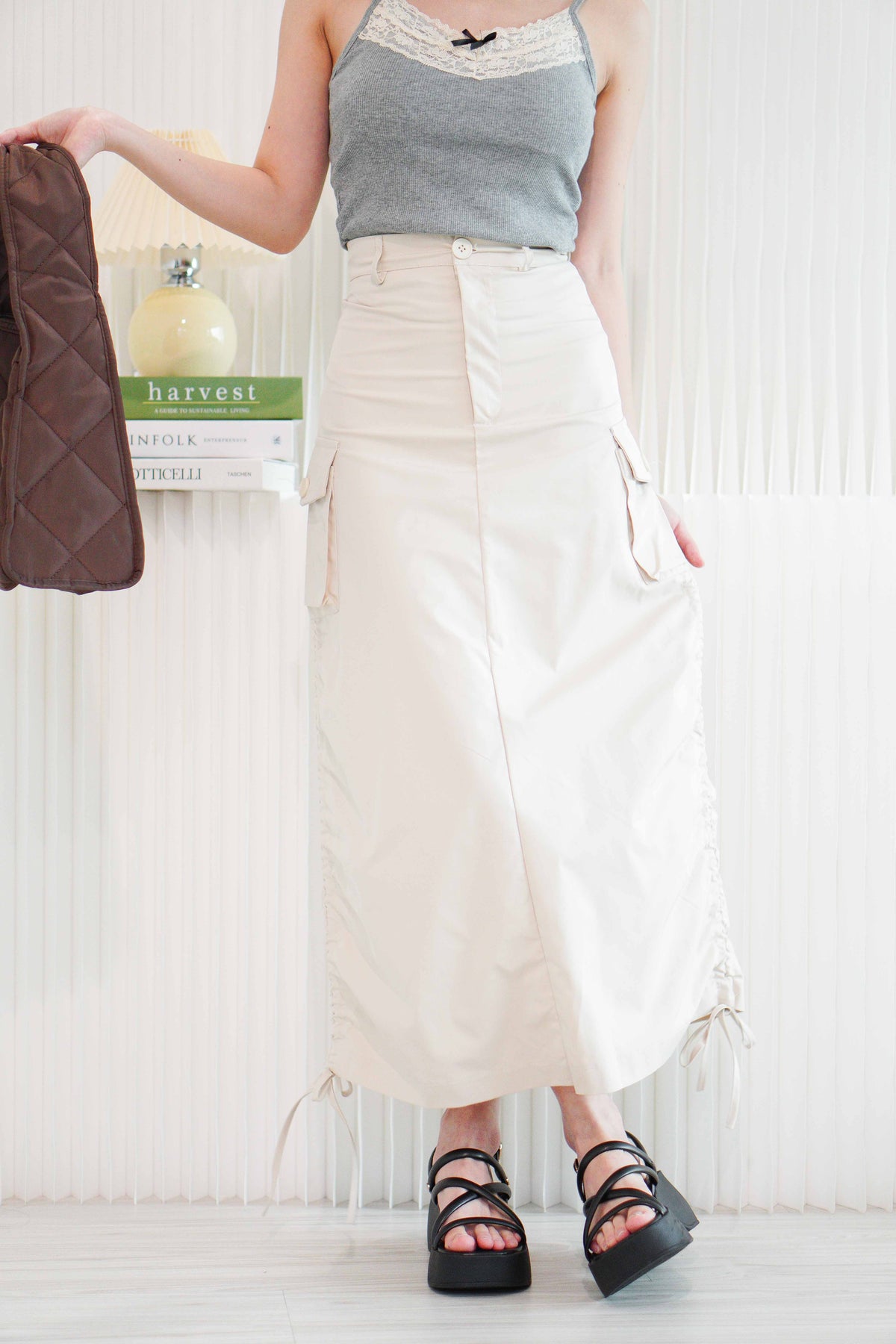 (For XXS Only) Ezra Maxi Ruched Skirt in Beige