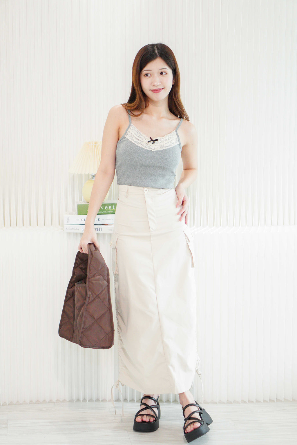 (For XXS Only) Ezra Maxi Ruched Skirt in Beige