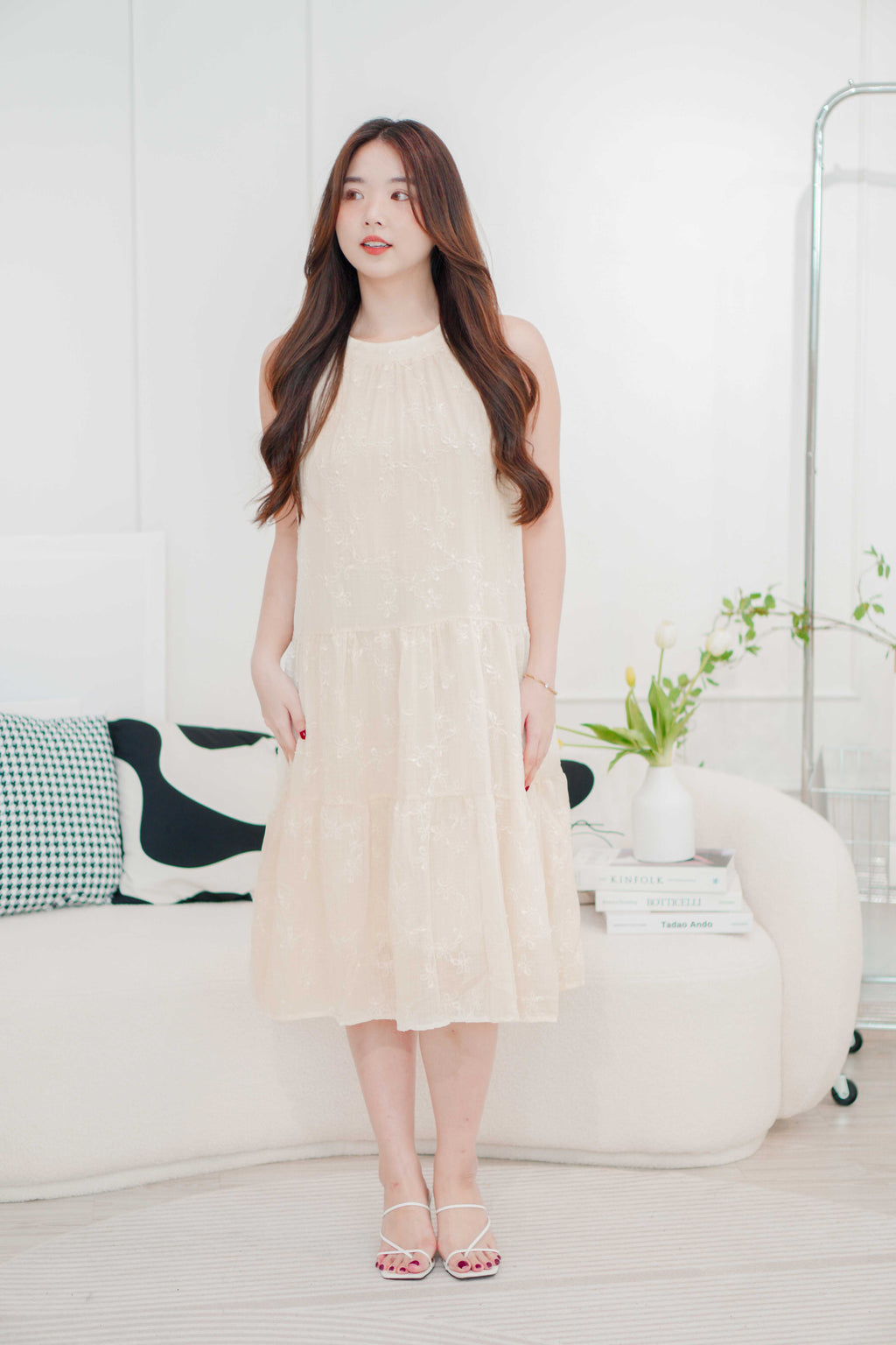 (BACKORDER) Fiorella High Neck Flowy Dress in Beige