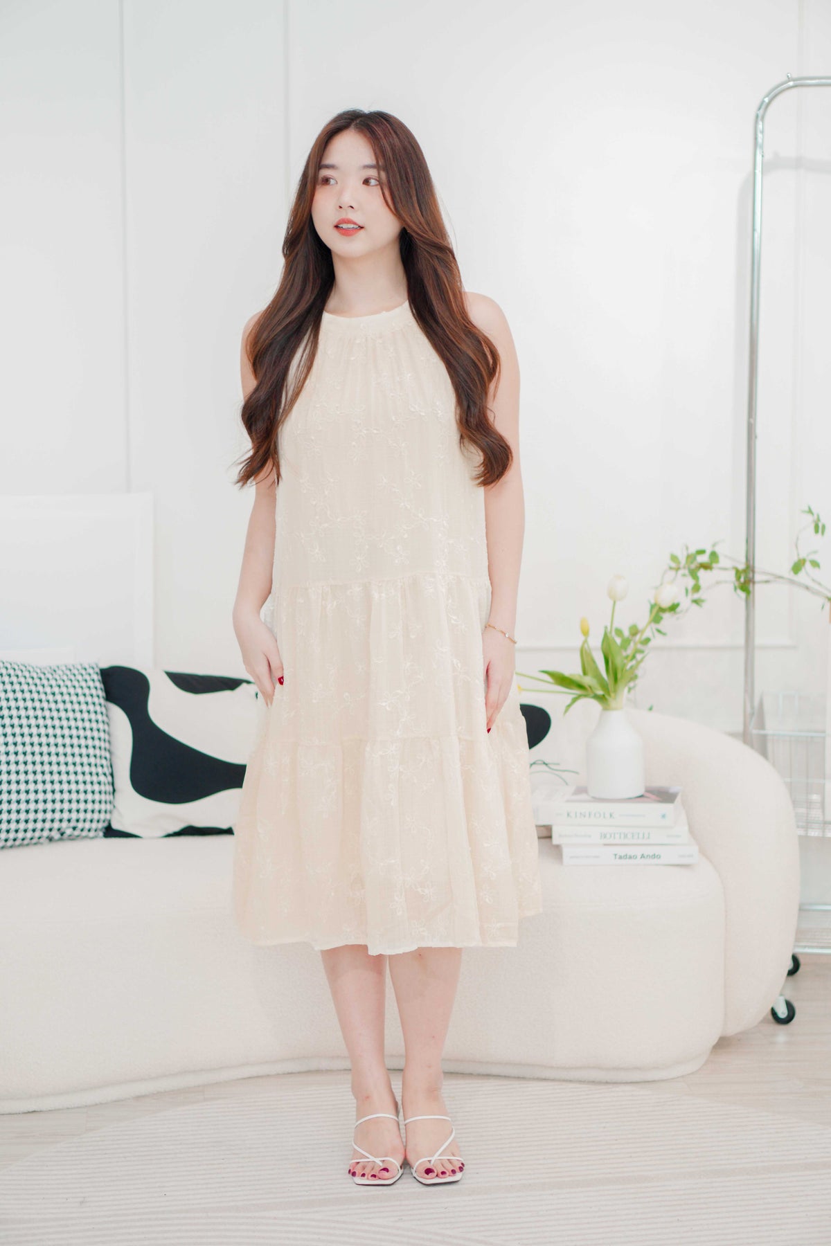 (BACKORDER) Fiorella High Neck Flowy Dress in Beige