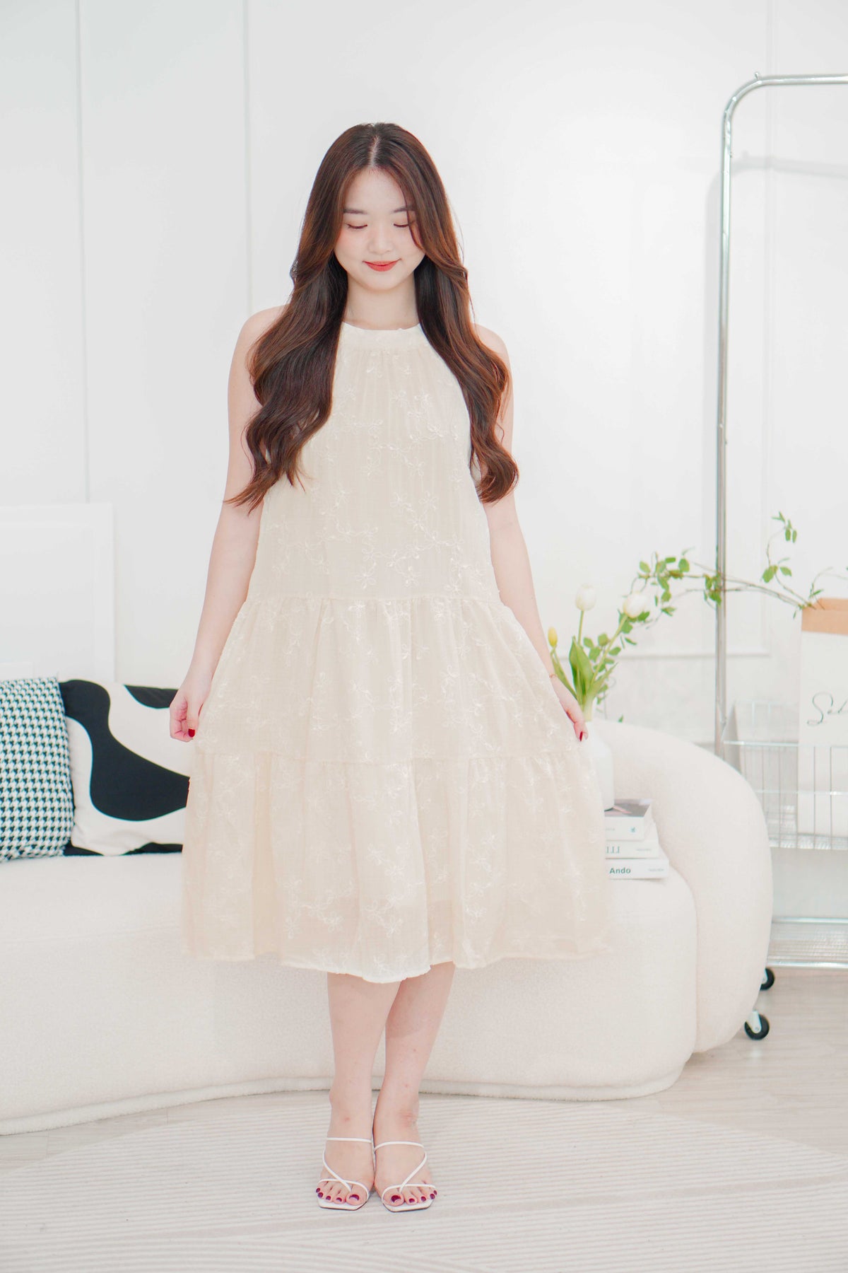 (BACKORDER) Fiorella High Neck Flowy Dress in Beige