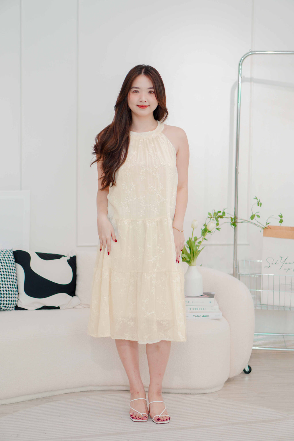 (BACKORDER) Fiorella High Neck Flowy Dress in Beige