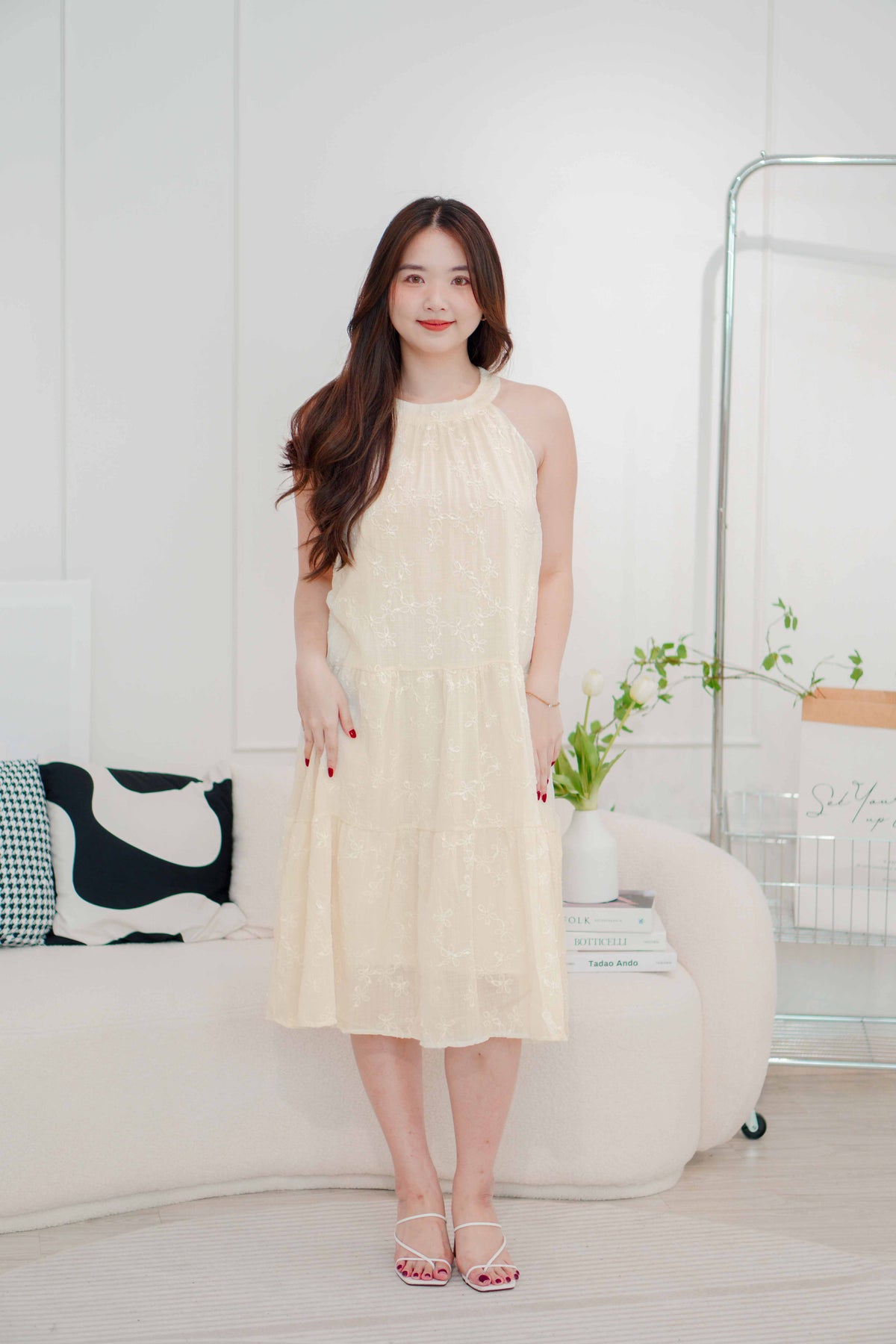(BACKORDER) Fiorella High Neck Flowy Dress in Beige
