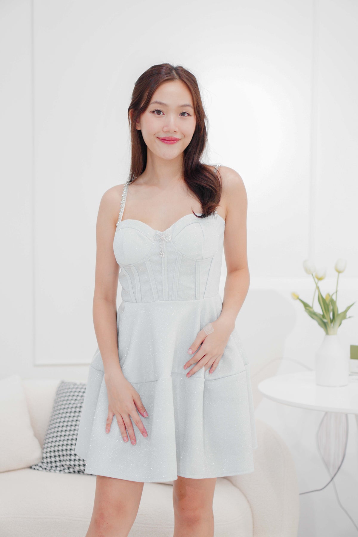 Glisteria Mini Bow Padded Bustier Dress in Silver White