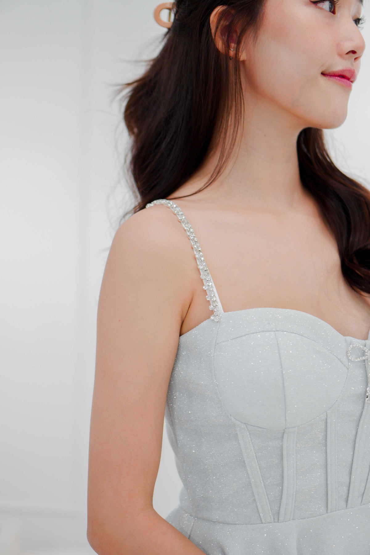 Glisteria Mini Bow Padded Bustier Dress in Silver White