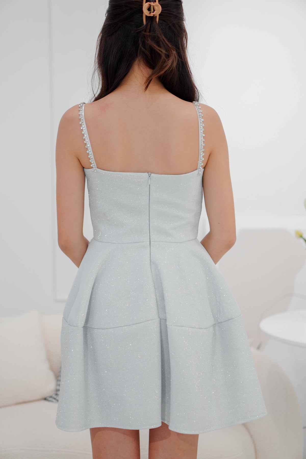 Glisteria Mini Bow Padded Bustier Dress in Silver White