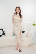 Jasmine Long Sleeve Floral Cheongsam in Cream