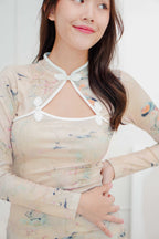 Jasmine Long Sleeve Floral Cheongsam in Cream