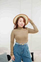 Bren High Neck Long Sleeve Top in Light Khaki