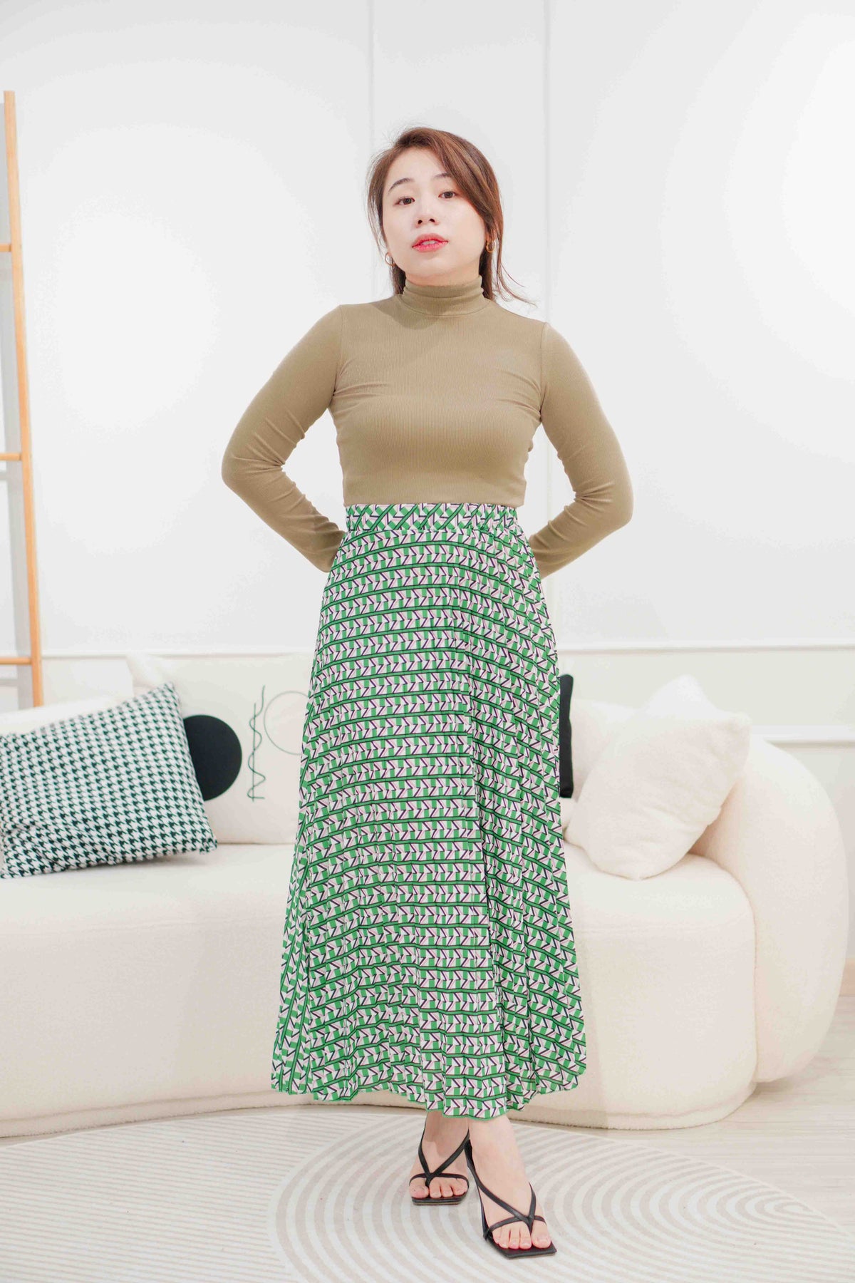 Bren High Neck Long Sleeve Top in Light Khaki