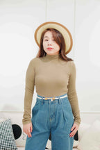 Bren High Neck Long Sleeve Top in Light Khaki