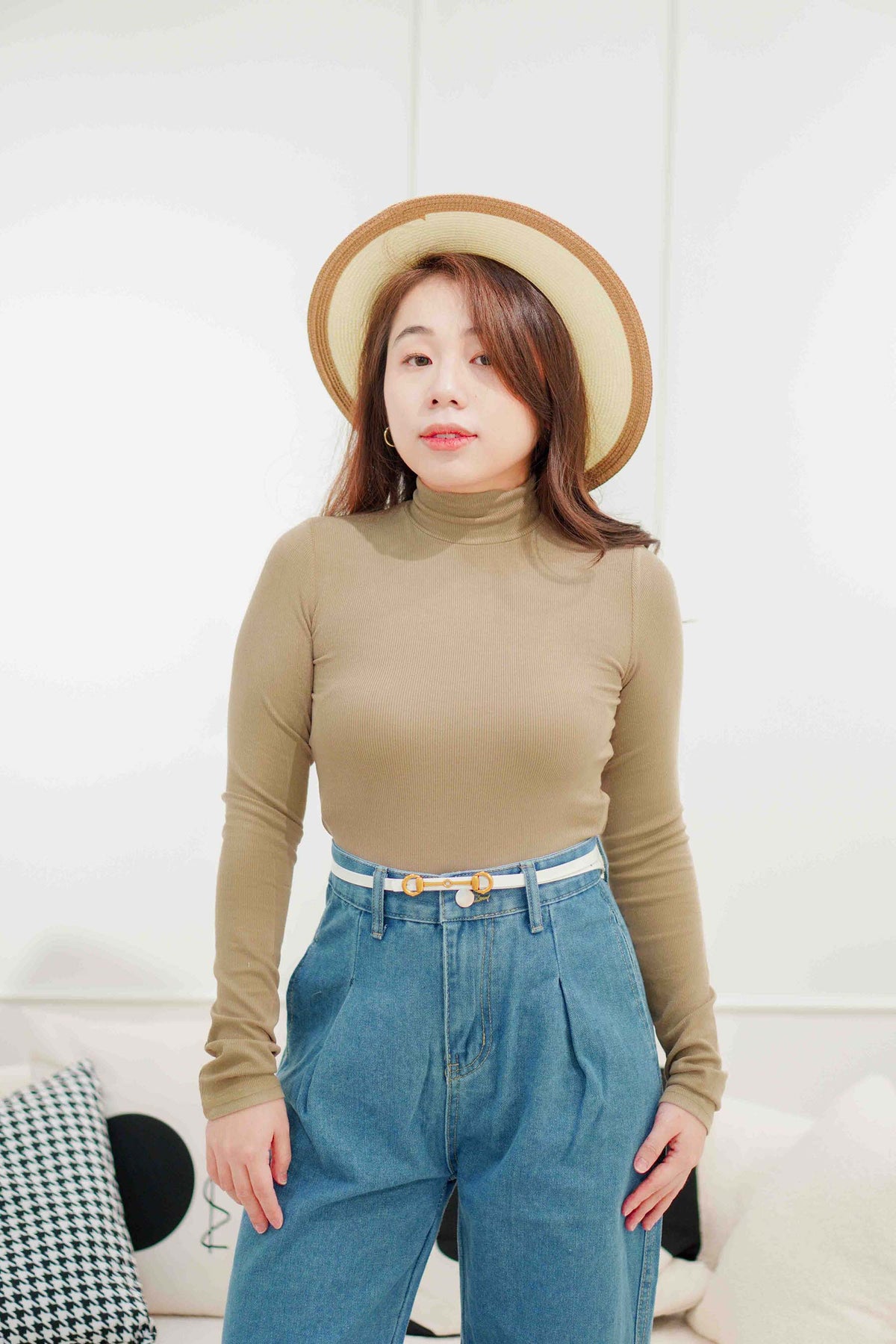 Bren High Neck Long Sleeve Top in Light Khaki