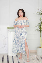 Ruvina Puffy Sleeves Ribbed Floral Maxi Dress in Blue