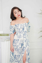 Ruvina Puffy Sleeves Ribbed Floral Maxi Dress in Blue