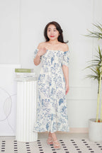 Ruvina Puffy Sleeves Ribbed Floral Maxi Dress in Blue
