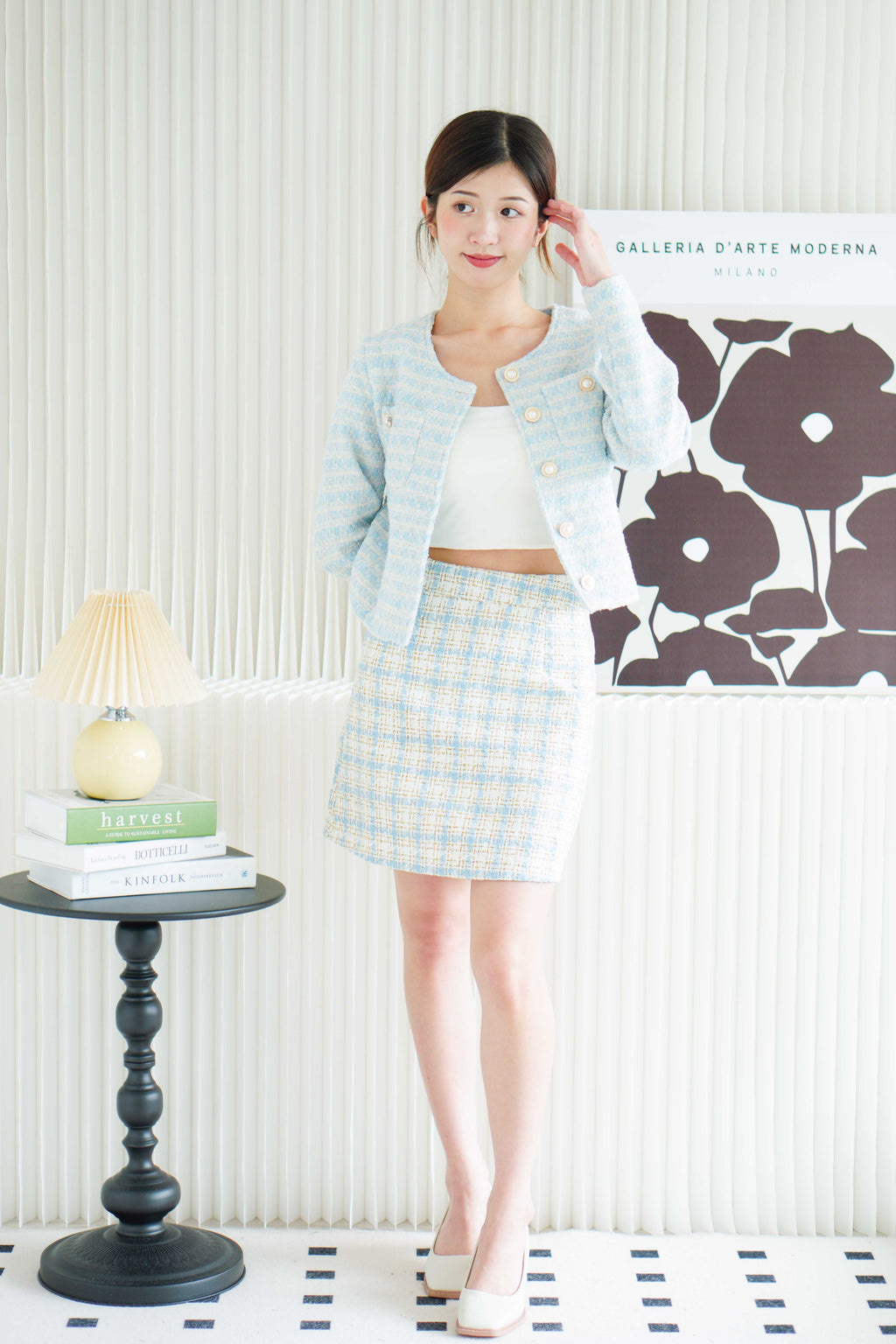 Clio Checkered Tweed Skirt in Blue