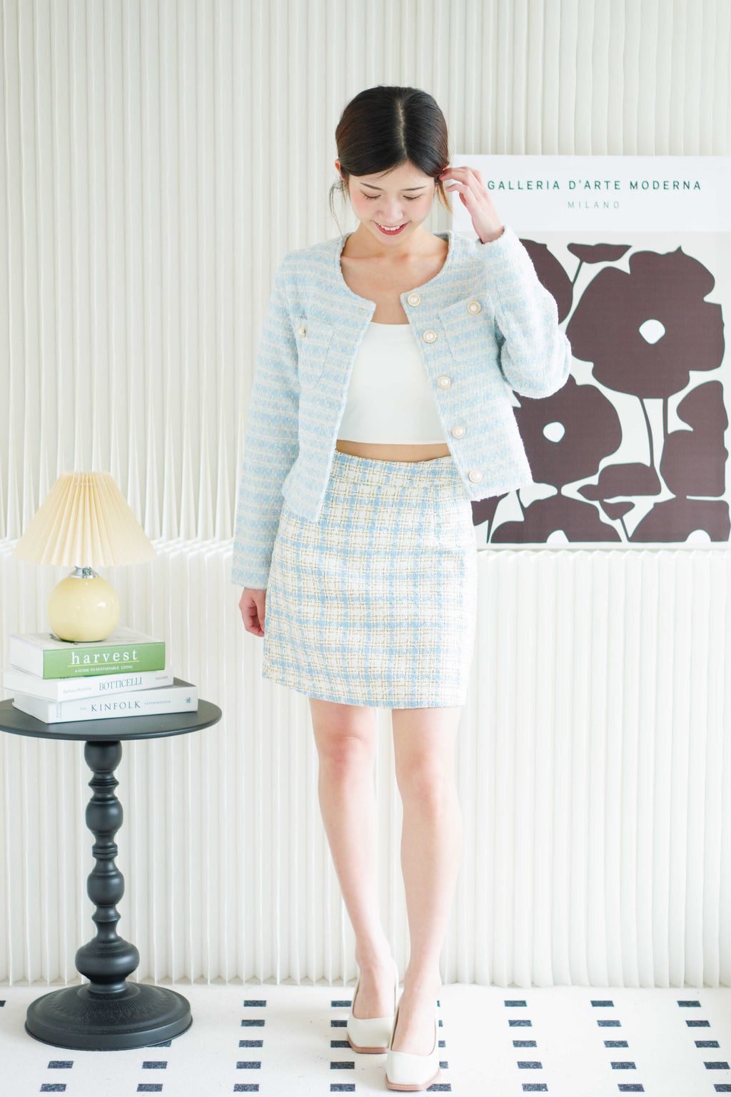 Clio Checkered Tweed Skirt in Blue