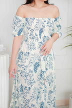 Ruvina Puffy Sleeves Ribbed Floral Maxi Dress in Blue