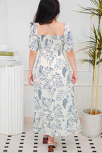 Ruvina Puffy Sleeves Ribbed Floral Maxi Dress in Blue