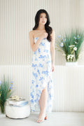 Retro Romance Floral Tube Ruffles Maxi Dress in Blue