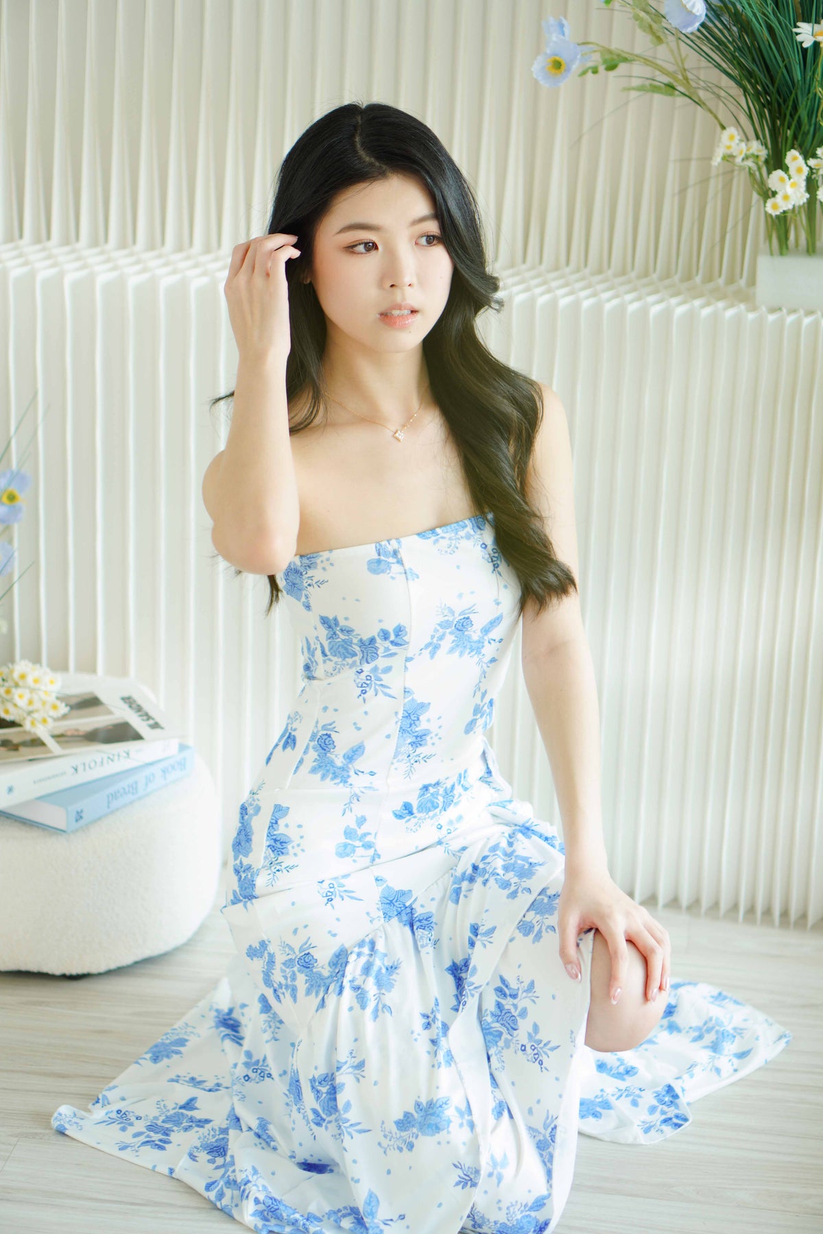 Retro Romance Floral Tube Ruffles Maxi Dress in Blue