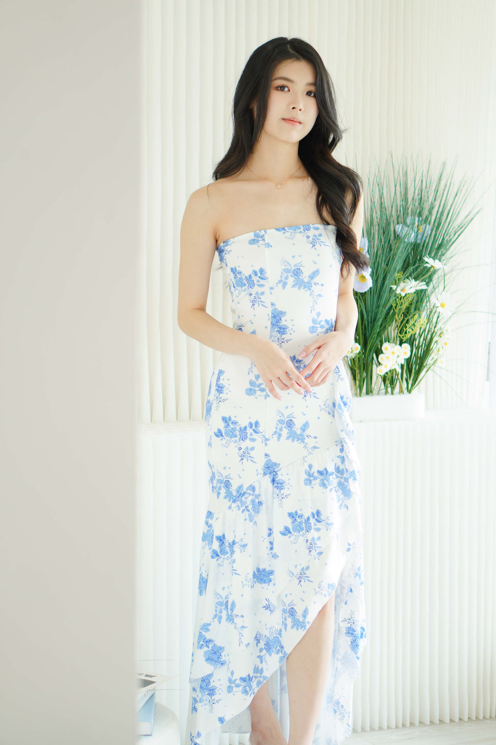 Retro Romance Floral Tube Ruffles Maxi Dress in Blue
