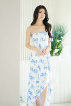 Retro Romance Floral Tube Ruffles Maxi Dress in Blue